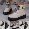 Fashion Women Solid Square Heels Lace Up Short Booties Round Toe Shoes Womens Leather Boots Lace Up