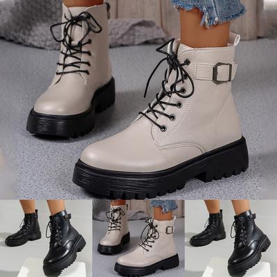 Fashion Women Solid Square Heels Lace Up Short Booties Round Toe Shoes Womens Leather Boots Lace Up