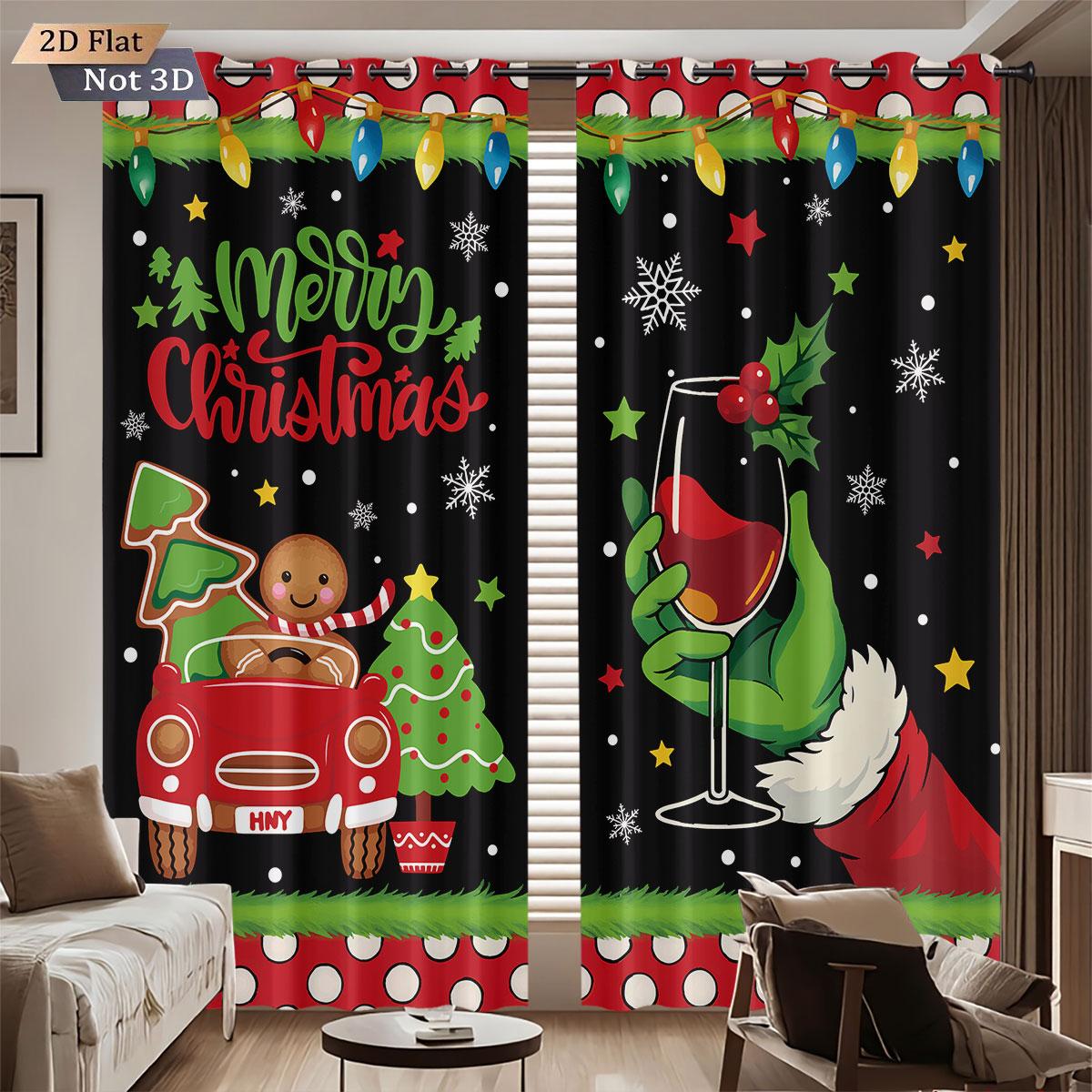 

Merry Christmas Printed Perforated Curtains Multiple Sizes Living Room Insulation Holiday Decoration Light Blocking Set Of 2 Made Polyester Area Decor W100*H70(CM)-Hooks&1PCS