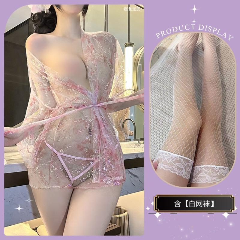 Sexy Lingerie Collar Bathrobe One-word See-through Blouse Sexy Pajamas Bronzing Print Cardigan and Clothing