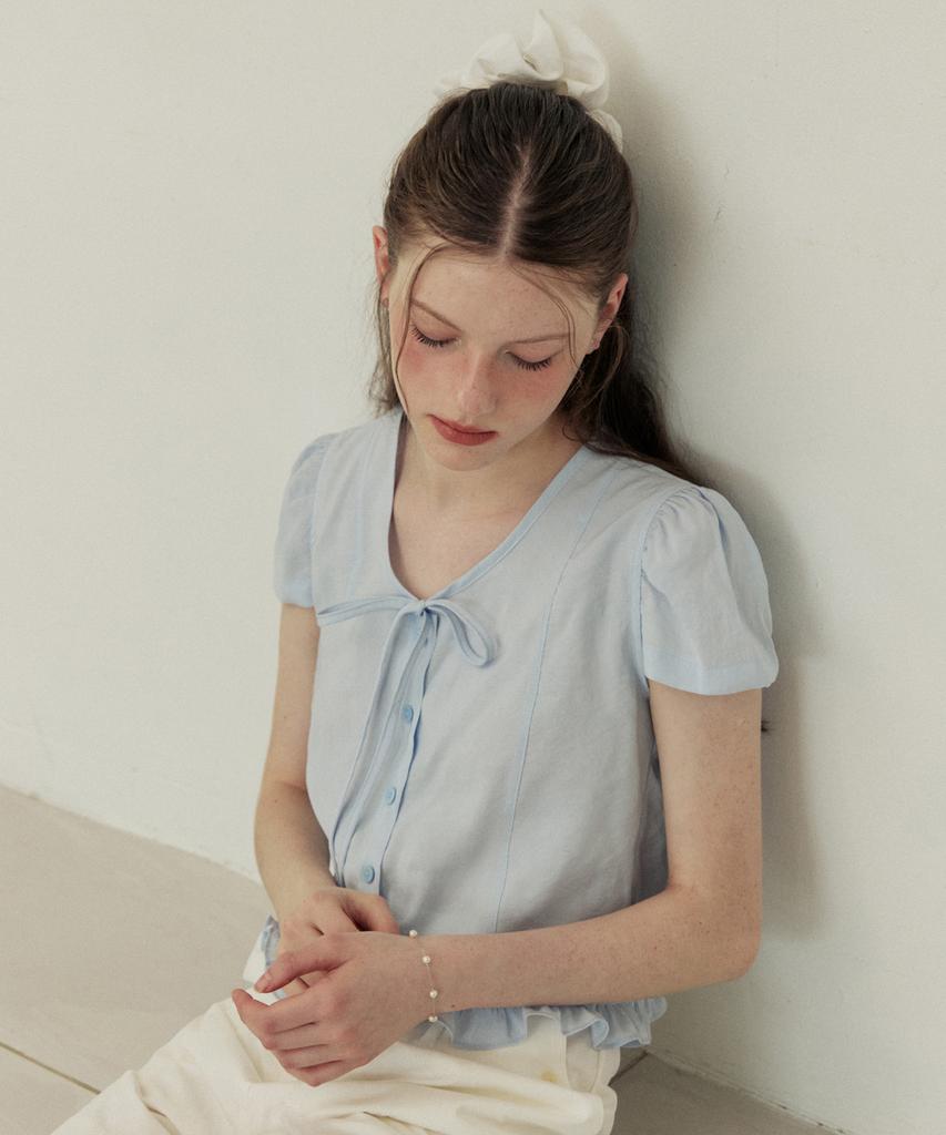 ADAUL Puff Button Ribbon Half Sleeve Blouse - Sora