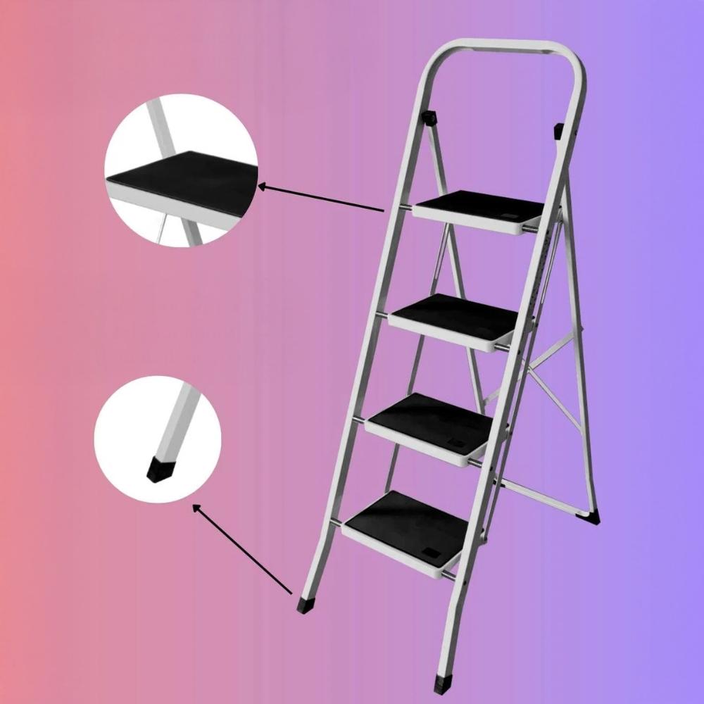 Folding metal ladder for home use, 4 steps, platform, gray, 150 kg