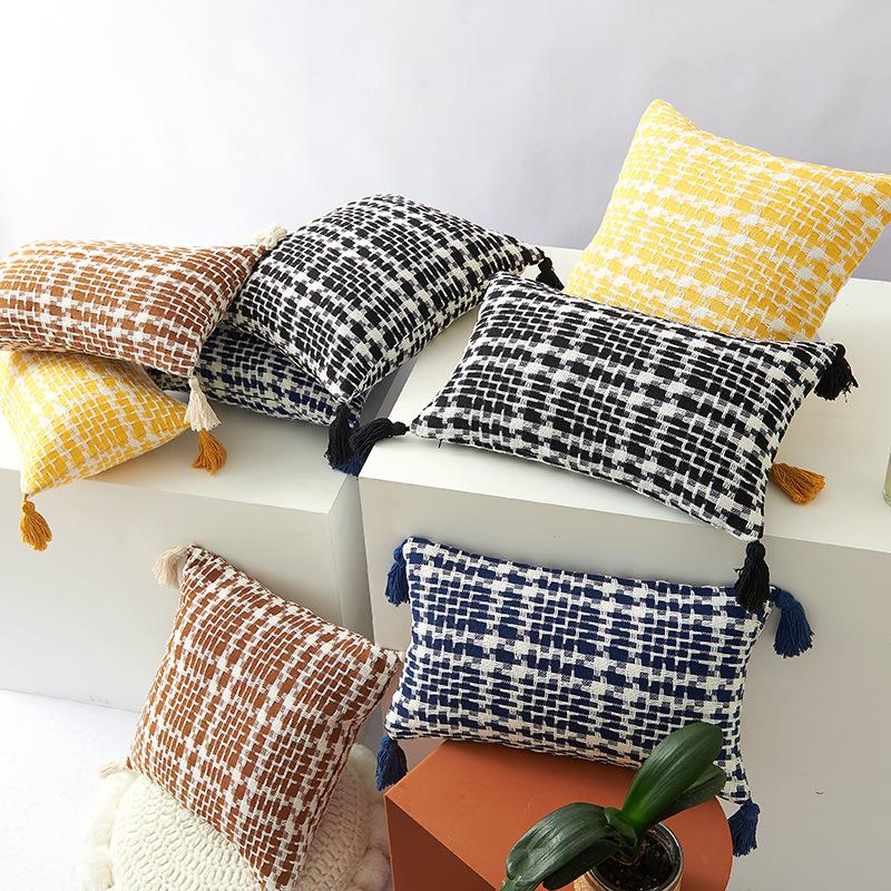 Houndstooth Two-color Woven Pillow Polyester-cotton Tassel Double-sided Office Fashion Ins Style Sofa Cushion Pillow Cover