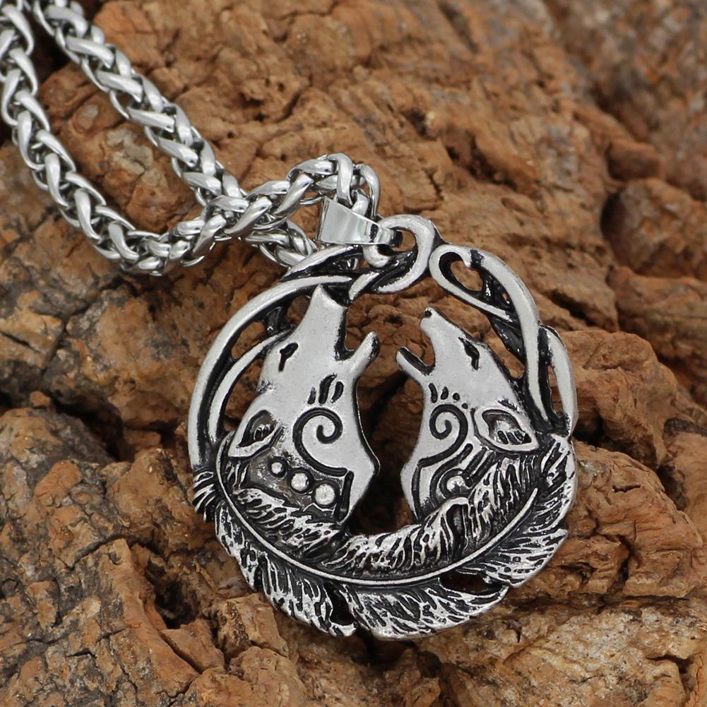 Norse Mythology Odin Celtic Wolf Head Pendant Necklace Unisex Vintage Sweater Chain Jewelry Accessory