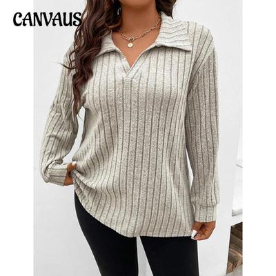 Herbst und Winter Einfarbig Übergröße Damen Oberteile V-Ausschnitt Langarm Rippstrick Abrieb Lockerer Pullover