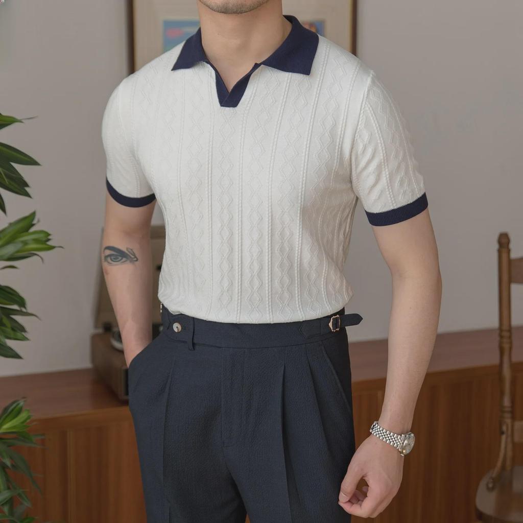 Italian Style Men's Slim Fit Polo - Summer Breathable, Trendy, V-Lapel, Jacquard Knit Short Sleeve