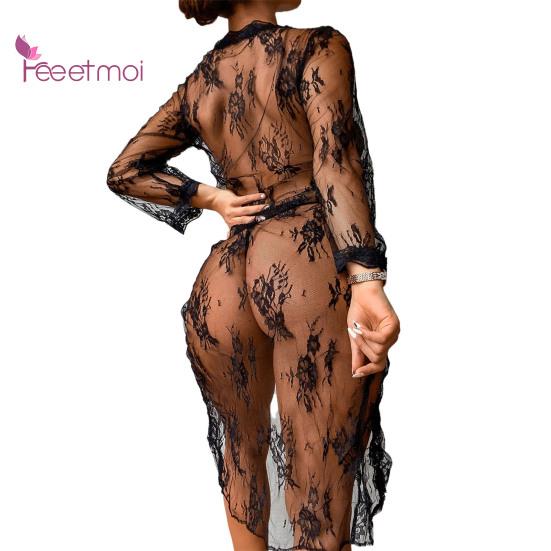 Lady Nightdress Lace Open Front Up Two Piece Transparent Floral Lace Sexy Nightdress Panties Set