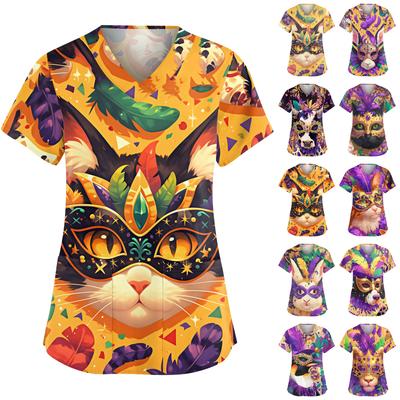 Women's V Neck Scrub Top Carnival Mask Print Short Sleeve Medical Uniform Side Slit Pockets Nurse Workwear Shirt