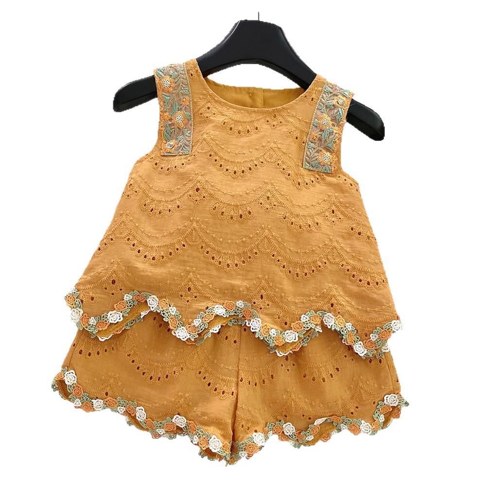 2025 Trendy Girl's Sleeveless Set: Stylish Hollow Out Top & Embroidered Floral Shorts