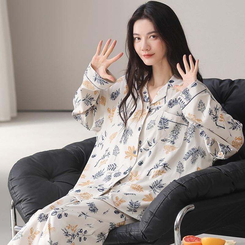 High-end flower imitation cotton pajamas women's spring and autumn thin long-sleeved trousers women's loungewear suit can be worn outside