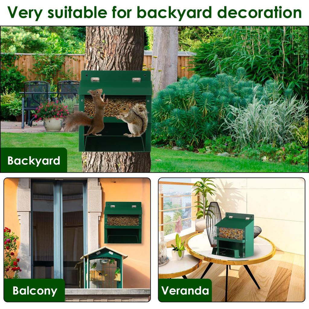 Metal Squirrel Feeder with Transparent Bin Roof Feeders for Outdoor Garden Backyard Sturdy Food Containers Squirrel Feeder House