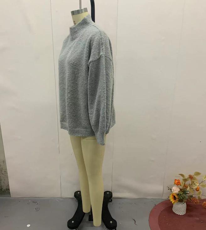 2024 Autumn Women's Solid Color Loose Fit Semi-High Neck Versatile Sweater