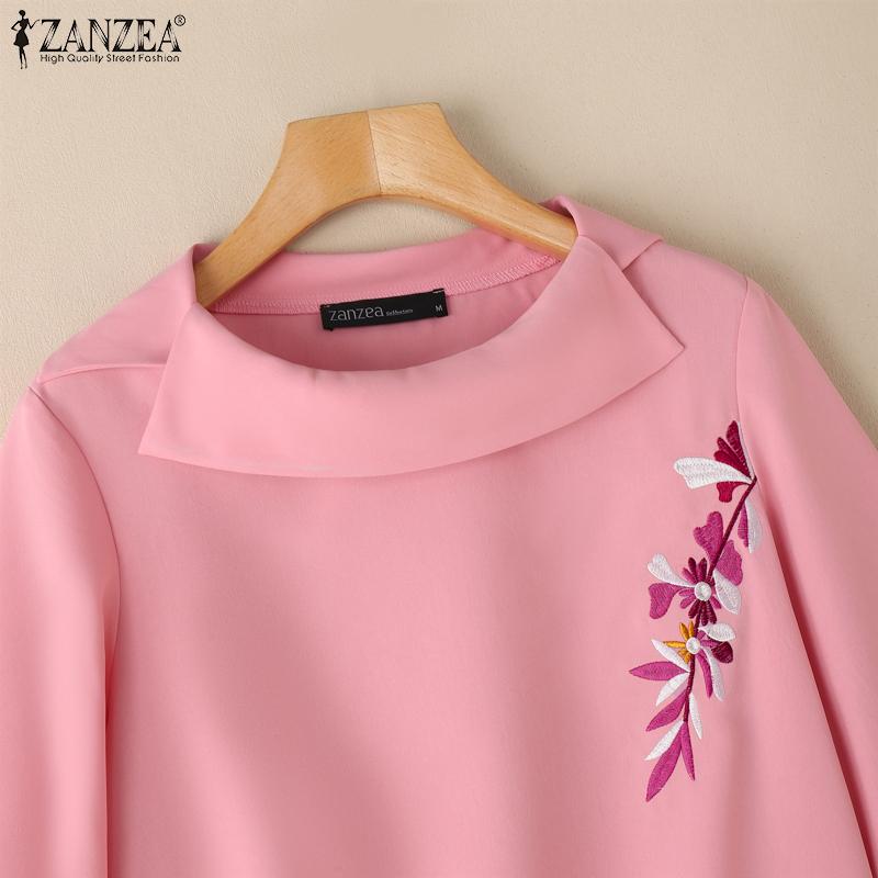 ZANZEA Women Summer O-neck Casual 3/4 Sleeve Floral Embroidery Blouse