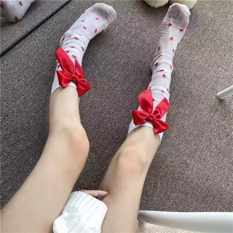 Women Sexy Cute Love Heart Pattern Stockings Nylon High Stockings With Bow Decoration Valentine Day Gift Christmas Wear