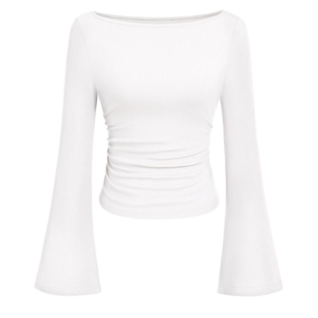 Women' Fashionable Pure-colored Flared-sleeve Long-sleeved Top
