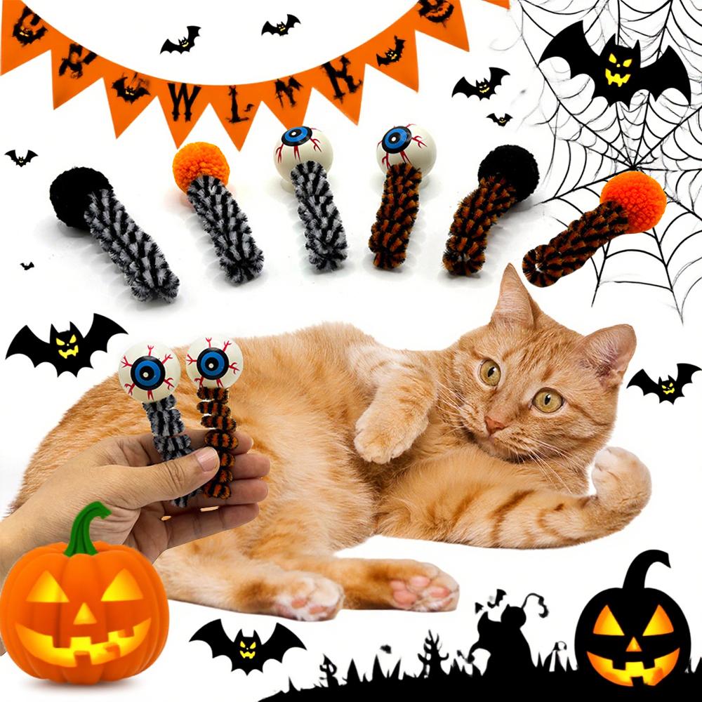 6 st/set Slumpmässig Interaktiv Kattpiska Leksak Rolig Interaktiv Fjäderögon Formad Leksak för Husdjurskatt Kattunge Halloween Tema Piska Leksak