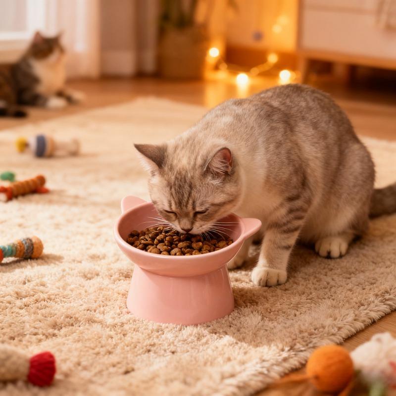 Cat Ear Elevated Slanted Pet Bowl - Cervical Protection Anti-tip Wide-mouth Feeder for Cats Dogs, for Daily Feeding