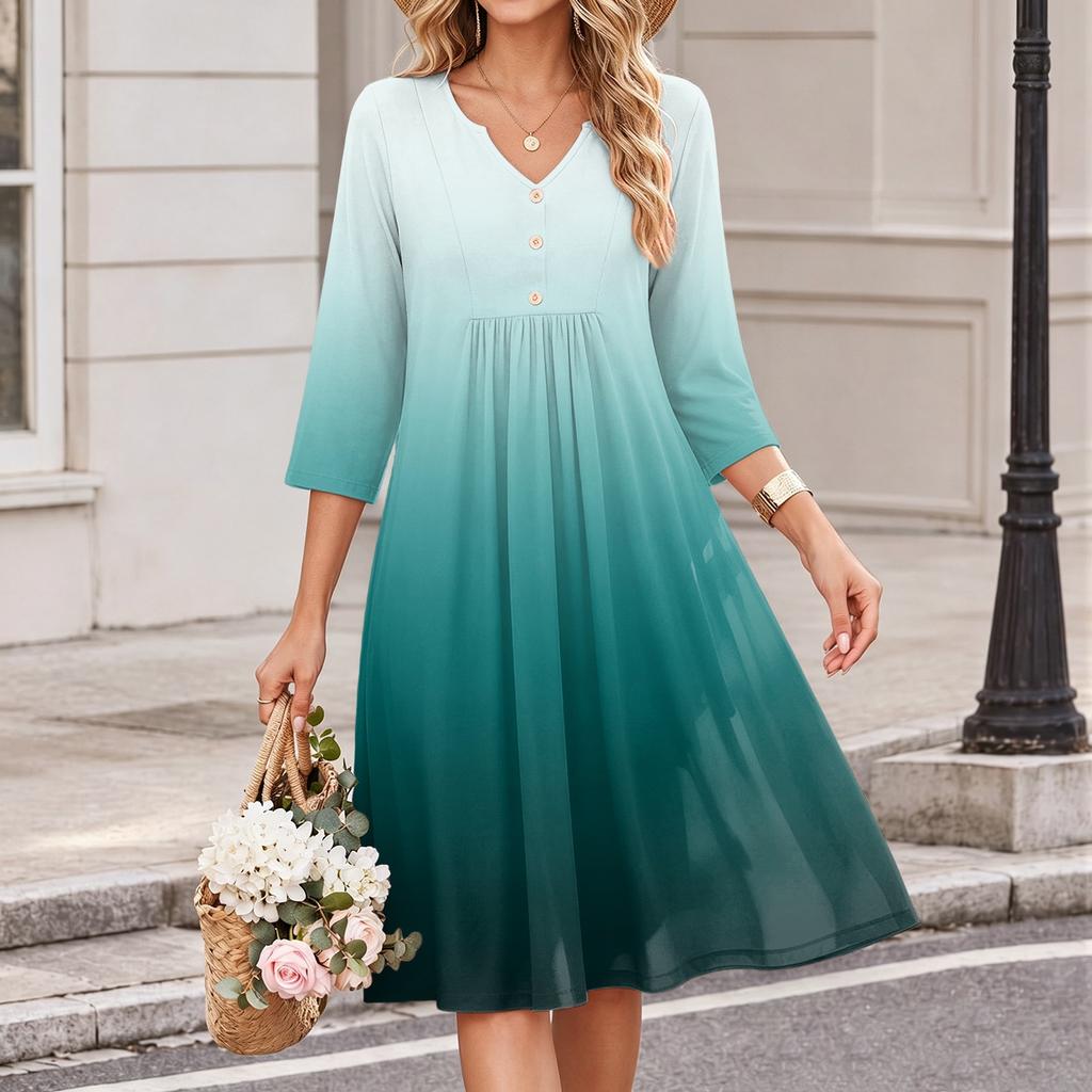 Women's Casual V-Neck Dress with Three-Quarter Sleeves and Gradient Print
