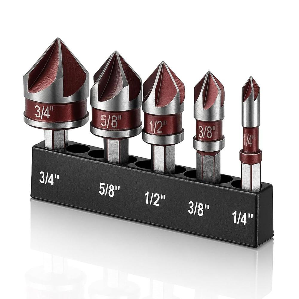 

5PCS Professional Metal Countersink Drill Bit Set Multi-Size 1/4 3/8 1/2 5/8 3/4inch Deburring Bit Countersink Bits Construction коричневий