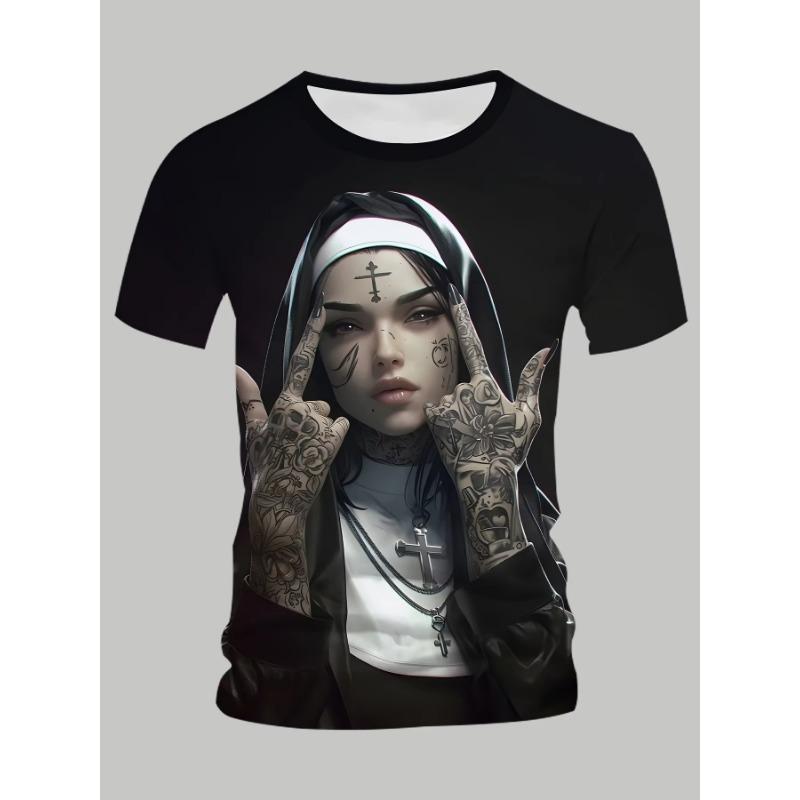 

Summer T-shirt Tattoo Nun Men s Pattern T-shirt Casual Round Neck Short Sleeve Gothic Style Comfortable Lightweight Top 5XL