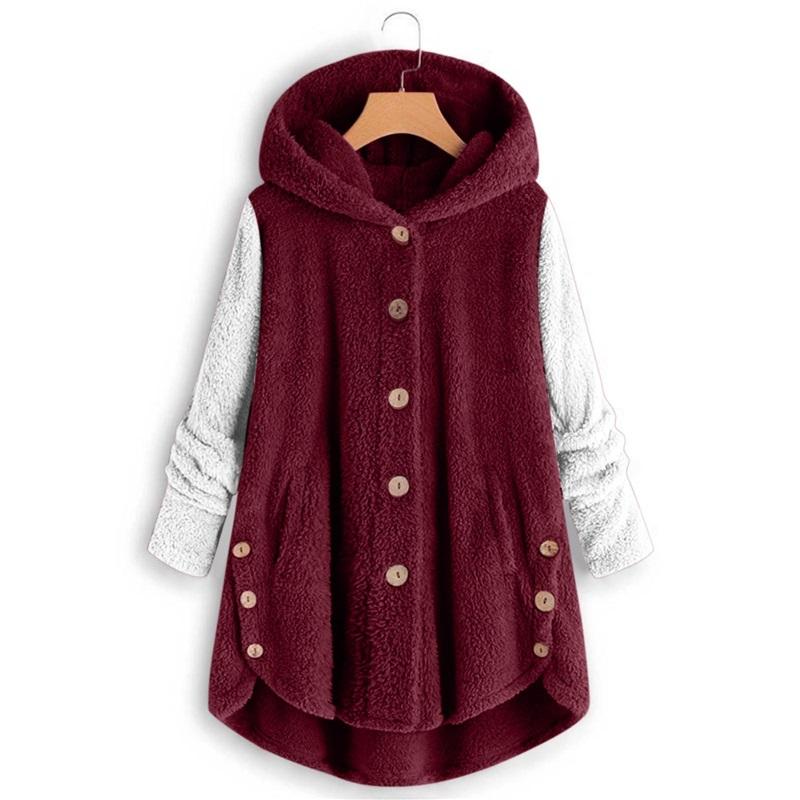 Women's Two-Tone Fleece Coat Hooded Button-Up Winter Warm Jacket