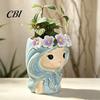 Unique Resin Planter with Flower Garland Cute Girl Planter, Blue Hair Head Small Succulents for Desk Decorative Plant Pot Cacti Indoor Plants