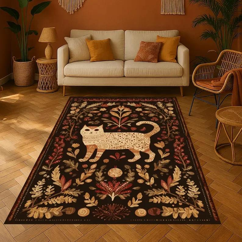 Folk Art Cat Rug Whimsical Floral Decor Non-Slip Living Room Bedroom Home Decoration Carpet