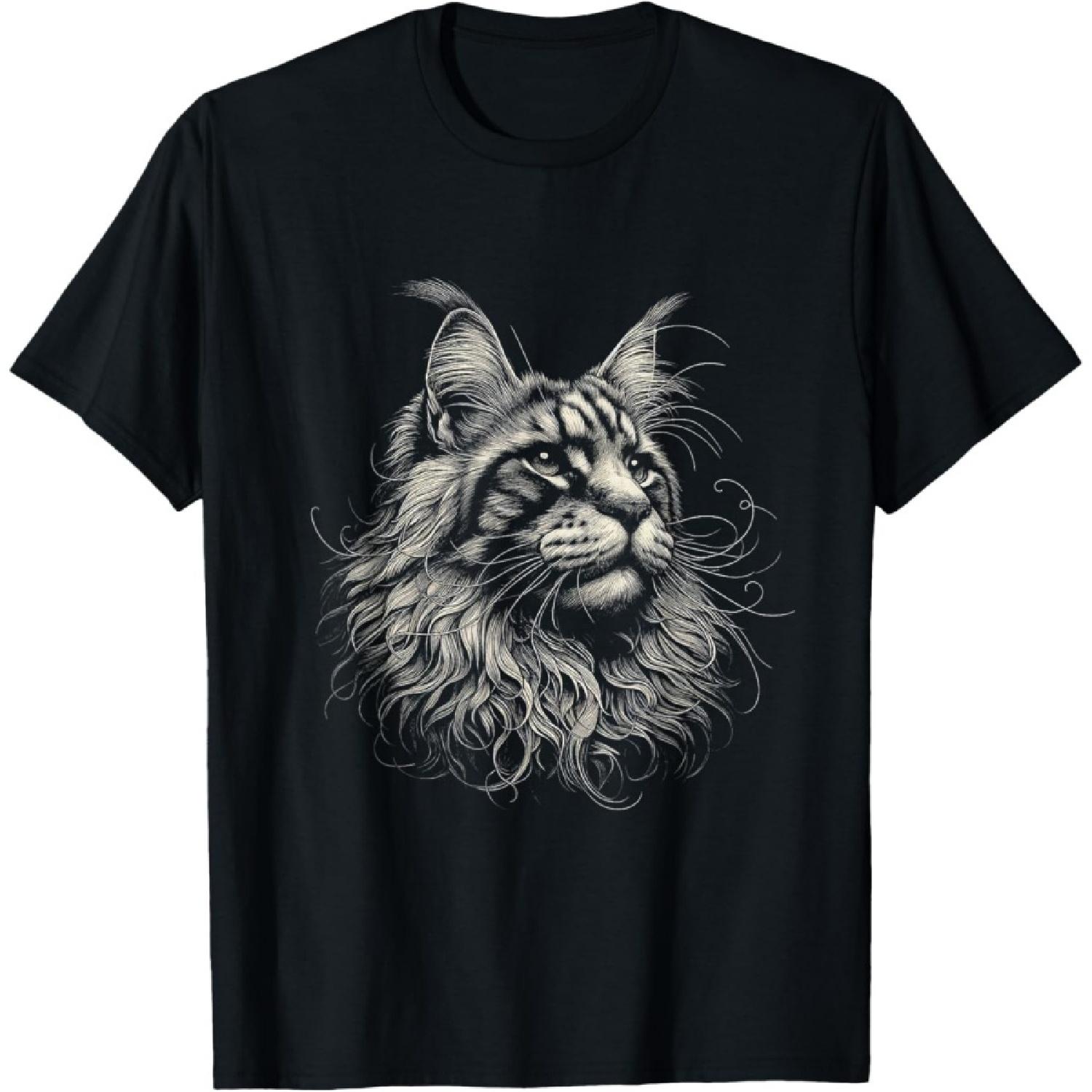 Vintage Maine Coon Cat Face Graphic Art Design T-Shirt S