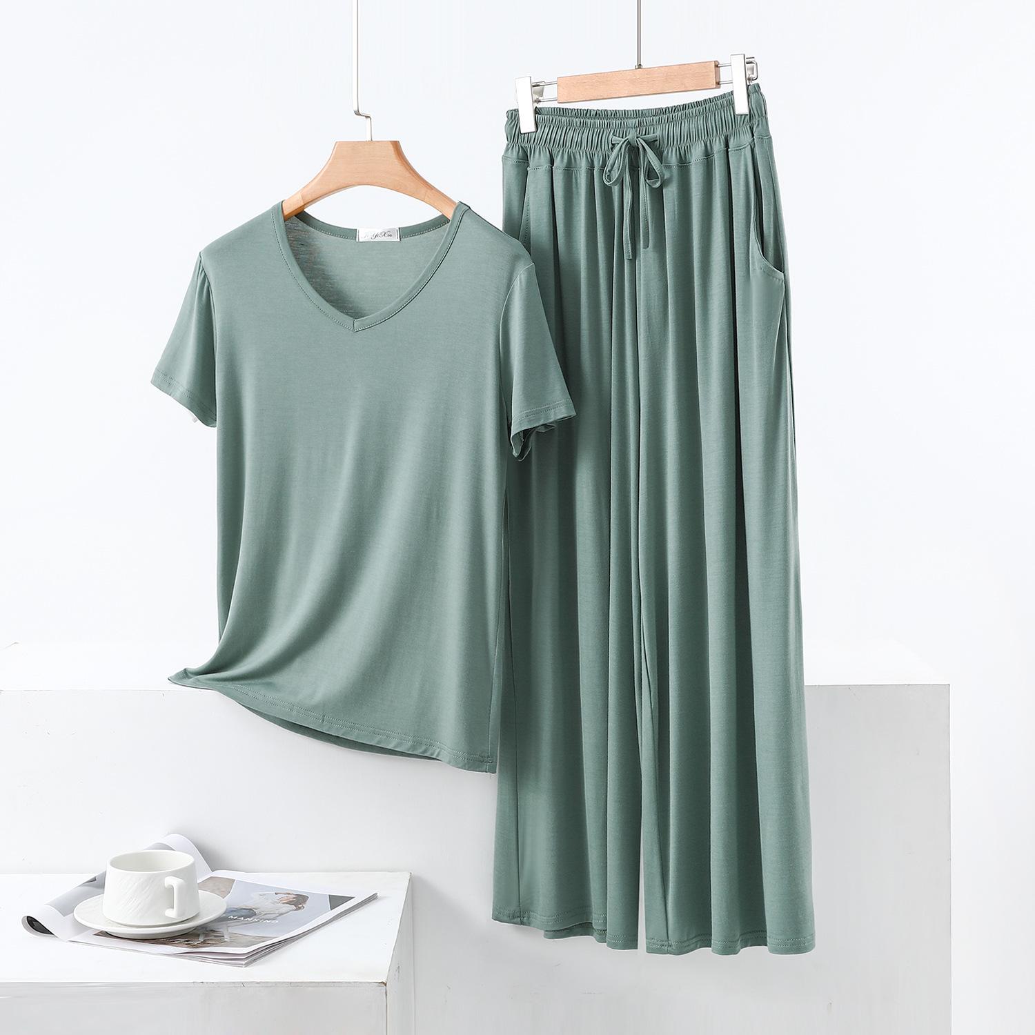 

Летний комплект из двух частей с V-образным вырезом, цветными блоками, карманом и брюками широкого кроя - Повседневный модал большого размера L