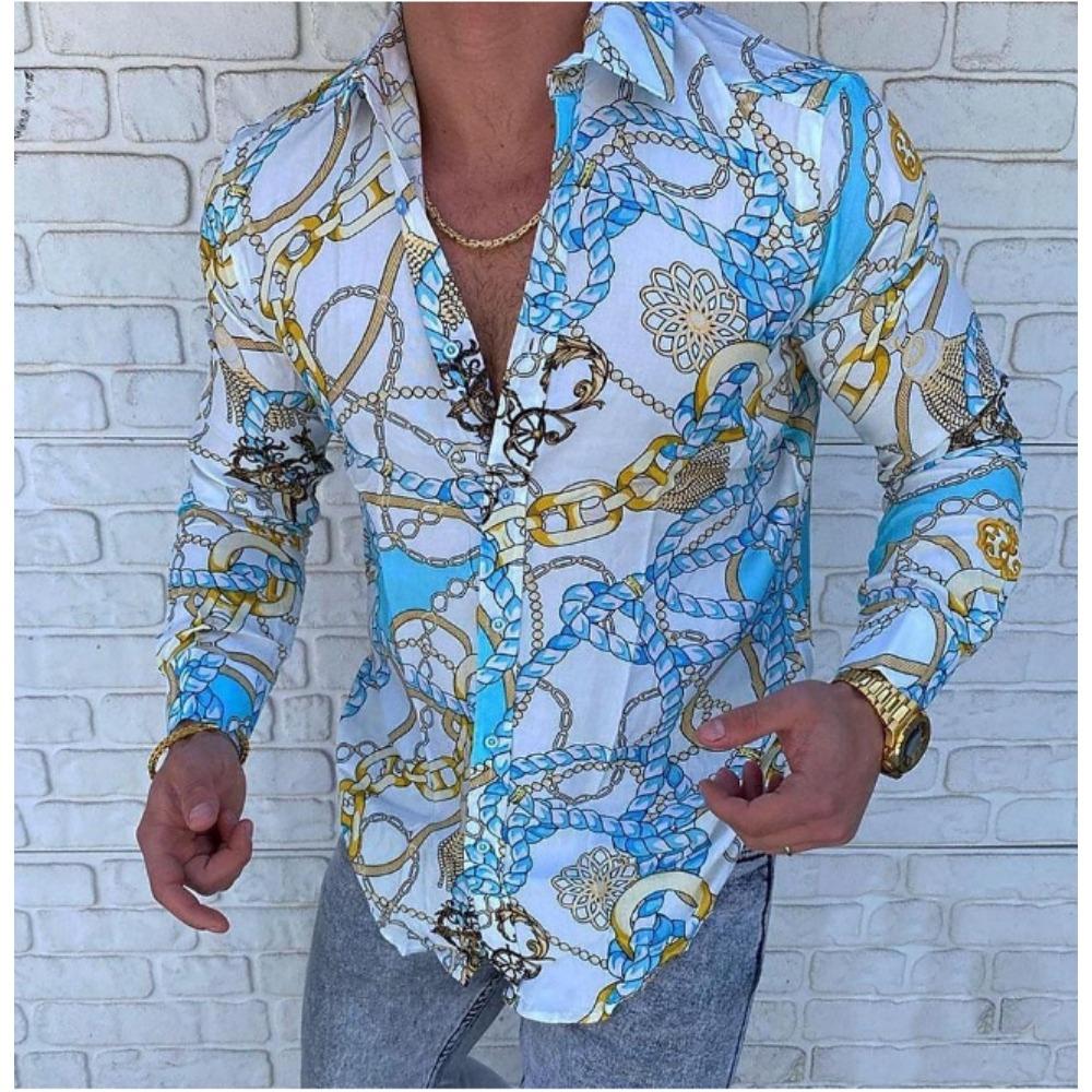 Men's Chain Printed Long Sleeve Shirts Casual Cardigan New Button Holiday Fashion Shirts