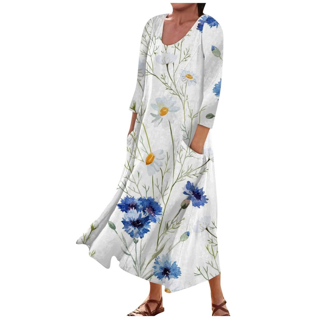 Rochie de buzunar din bumbac, cu mâneci 3/4, cu imprimeu ocazional la modă