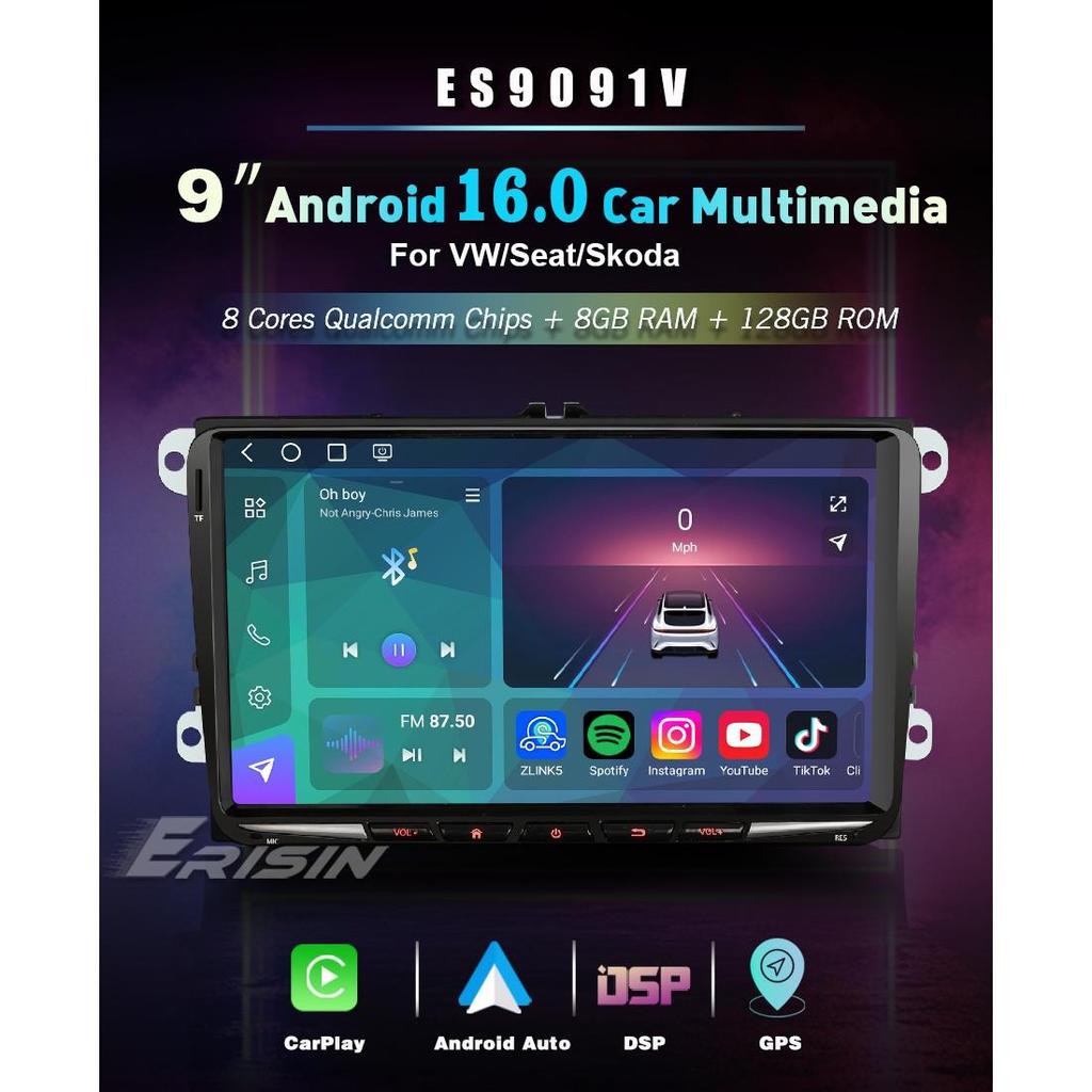 9 Inch Android 16 8GB+128GB Autoradio Wireless CarPlay GPS for VW SKODA EU Warehouse Free Ship Car Stereo ES9091V