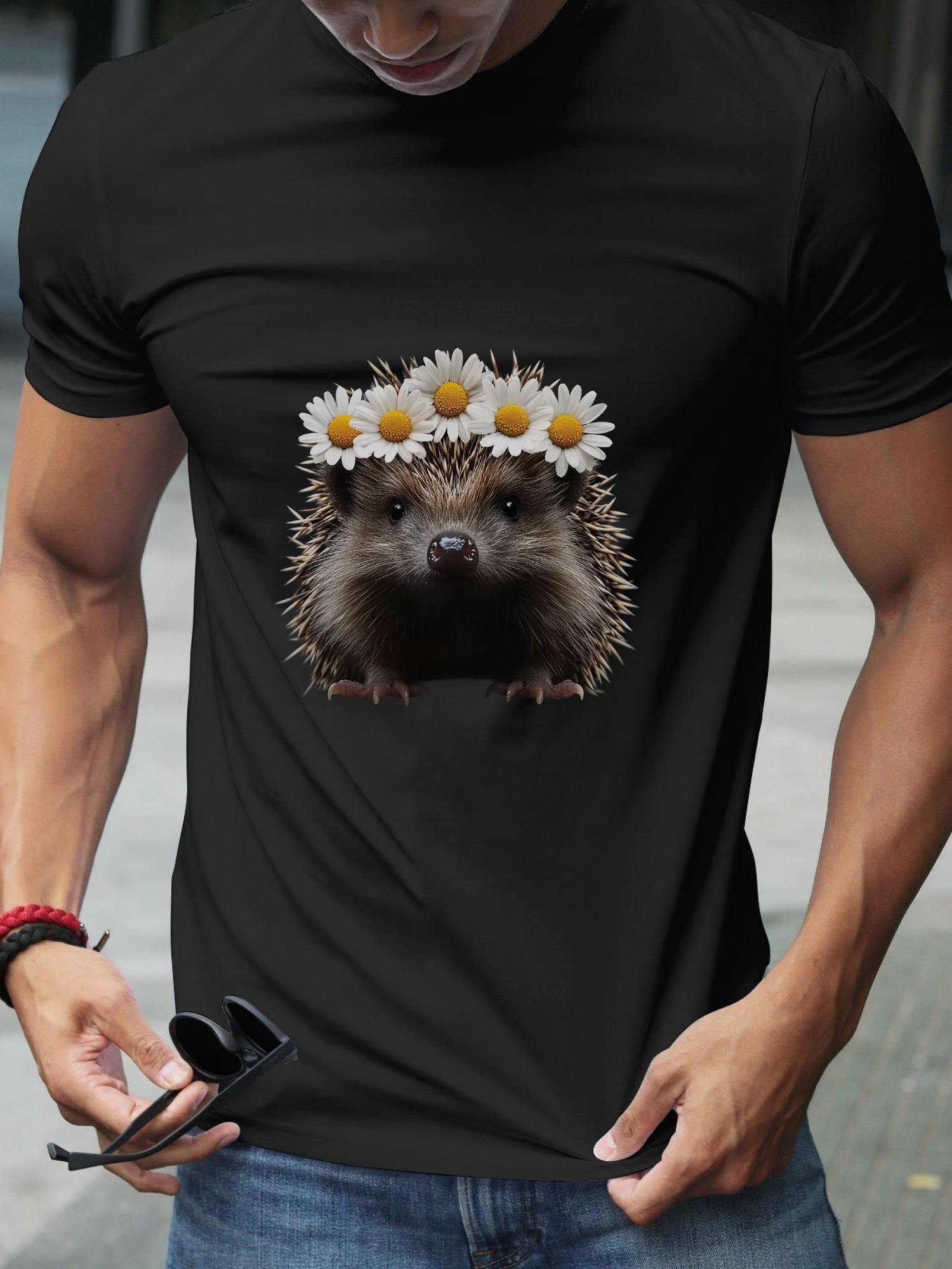 Hedgehog Floral Print Black T-shirt - Cotton Casual Crew Neck Short Sleeve Tee XXXXL