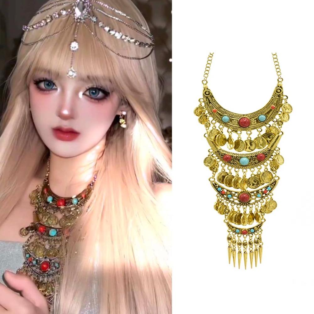 Colorful Stone Ethnic Style Necklace Geometric Sweater Chains Bohemia Tassel Necklace  Festival