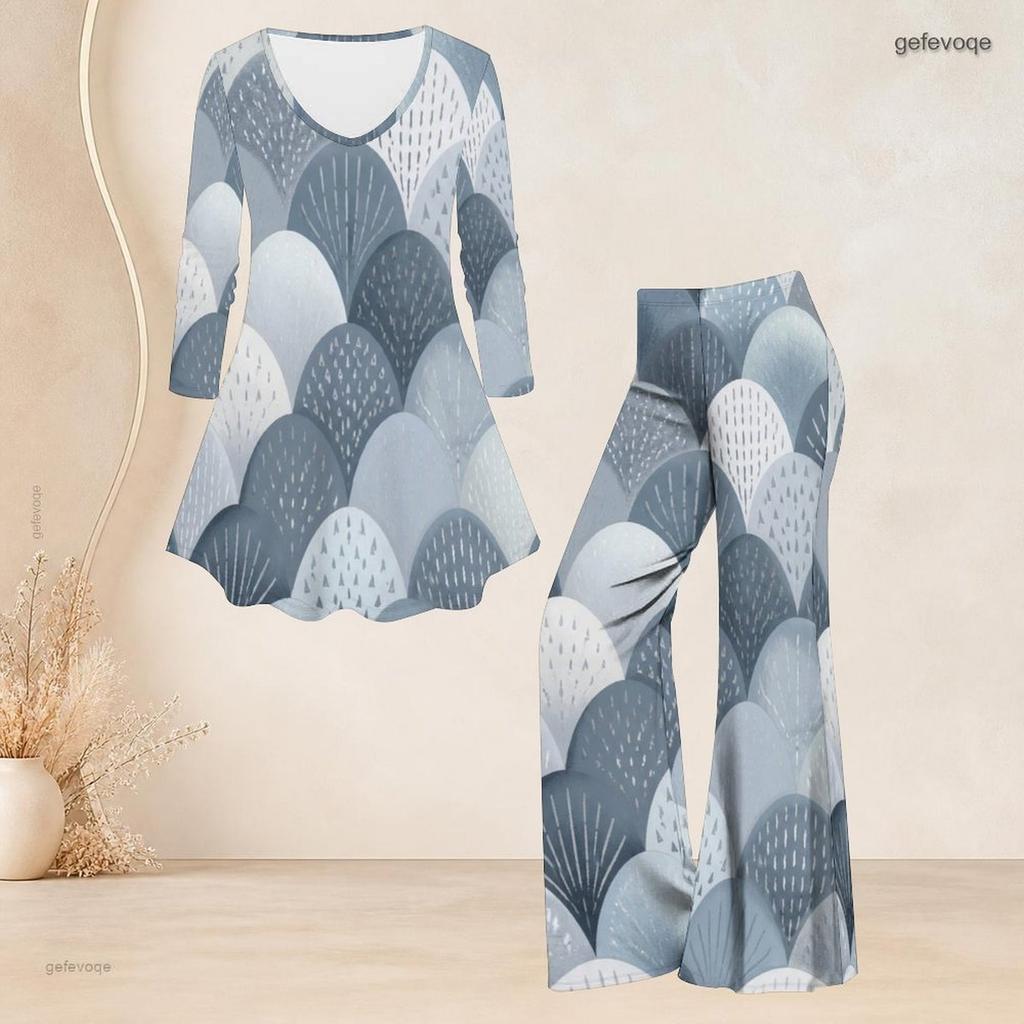 Women Plus Size Round Neck Three Quarter Sleeve Printed Flared Top And Flared Pants Two Piece Set