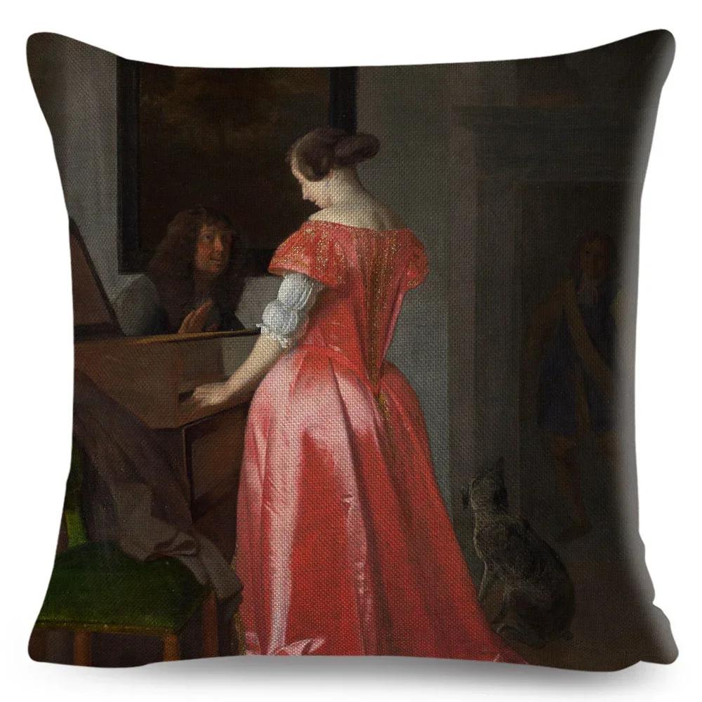 Husă de pernă pentru femeie în stil vintage, decor Europa, față de pernă cu imprimeu Lady Girl, husă de pernă din poliester pentru canapea, casă, mașină