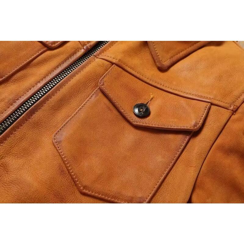 Chinese Size Uncoated Frosted Natural Cowhide Men Leather Jacket Soft Short Slim Fit Vintage Genuine Leather Coat Autumn