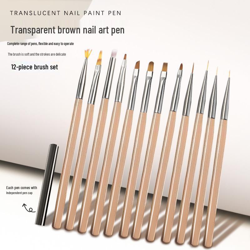 Translucent Brown Nail Art Brush Set: Flower and Gel Painting Brushes with Flat and Round Heads