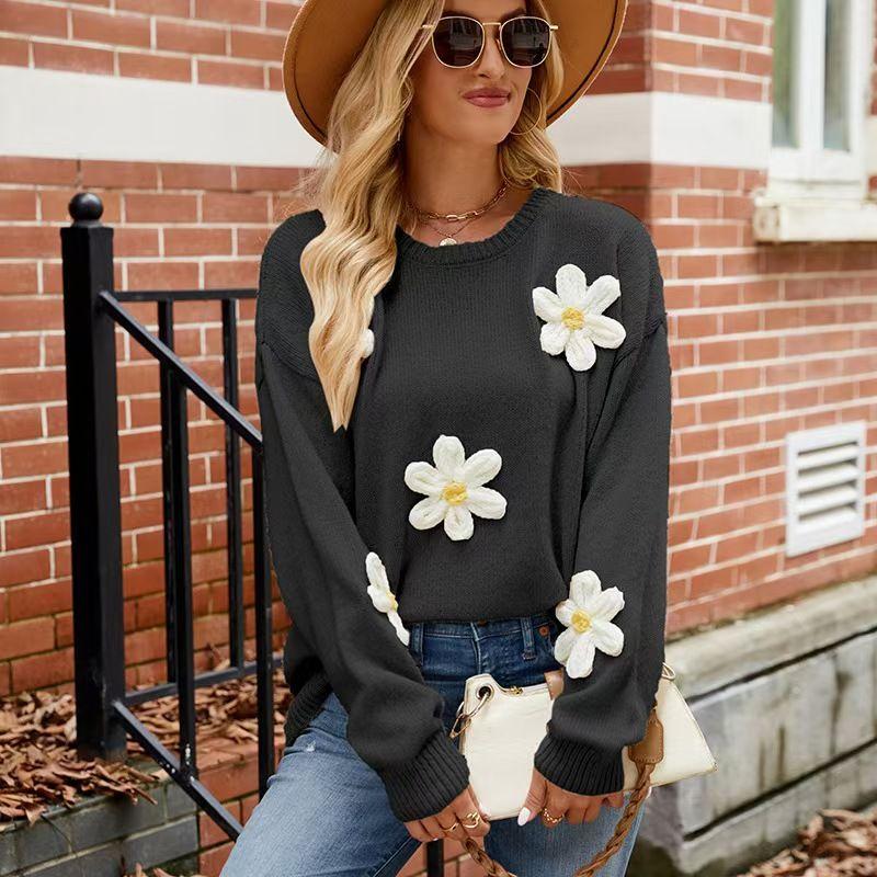 

European and American Leisure Loose round Neck Three-Dimensional Flowers Knitting Sweater Knitted Flower Loose Sweater Black Flower Sweater S