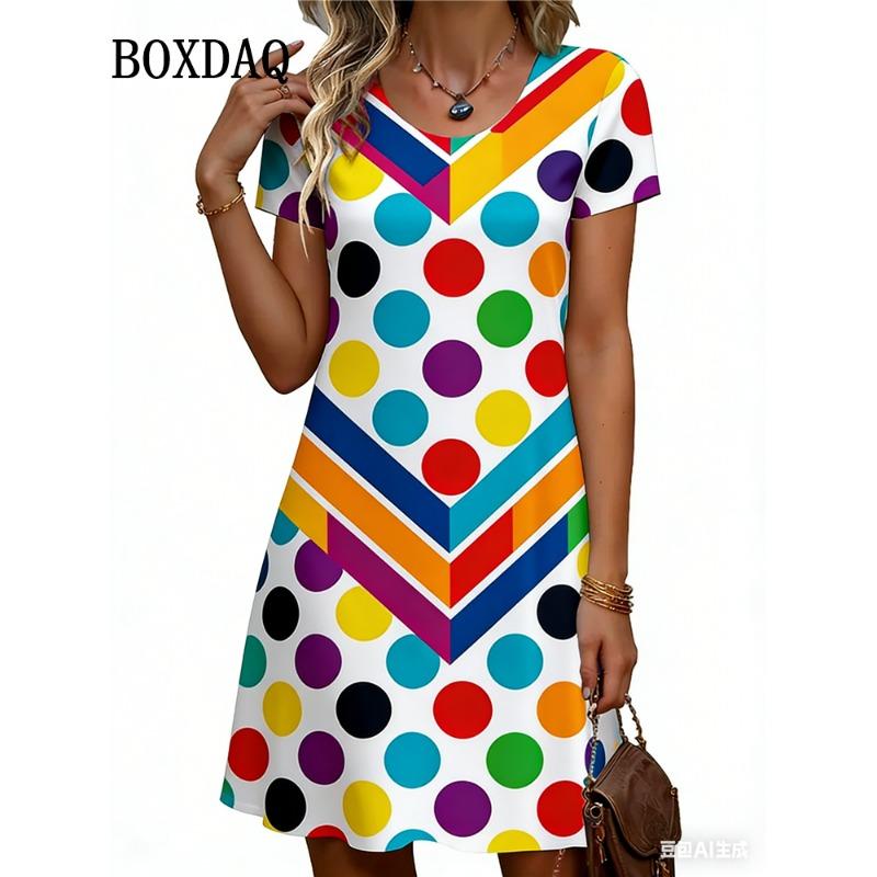 Simple Fashion Women's O-Neck A-Line Dress Striped Dot 3D Print Women's Dress Summer Loose Elegant Women's Short-Sleeve Dresses