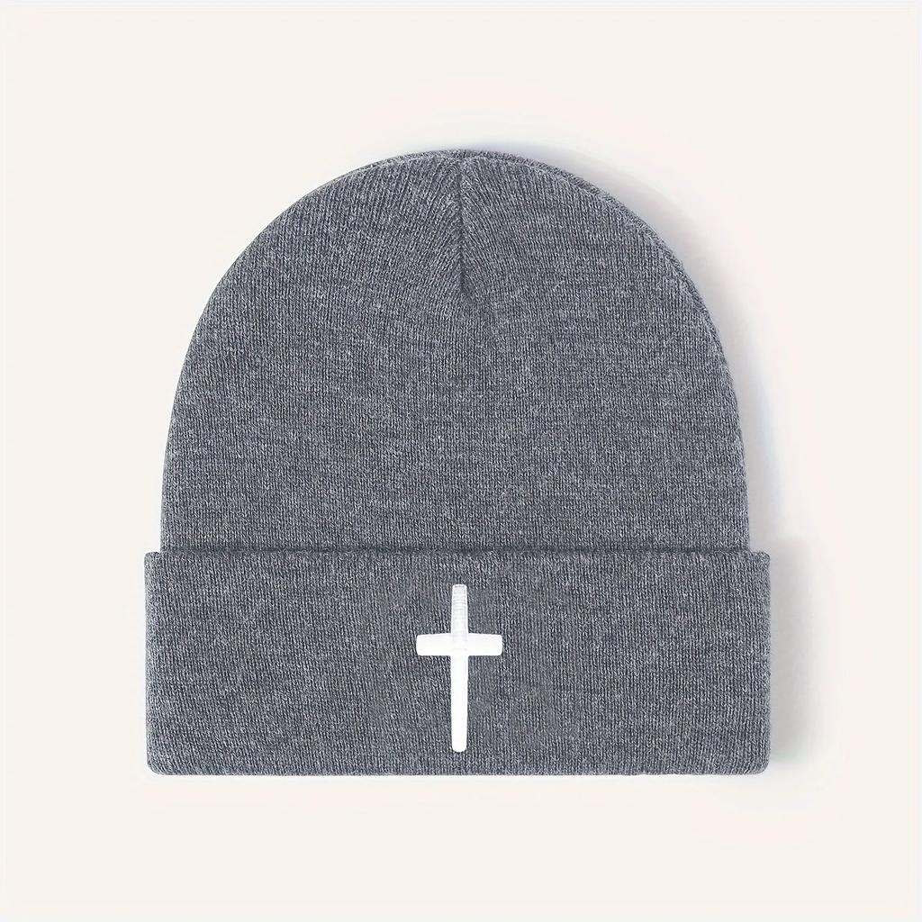 Natural NewFashionable Beanie: Cross Embroidered Knit Cap, Stylish Beanies for Women, Unisex Winter Hat for Outdoor Casual Wear