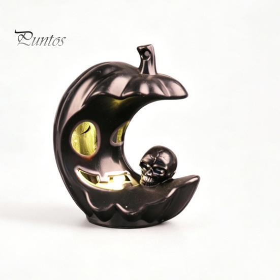 Desktop Figurine for Window Sill LED Light-Up Halloween Pumpkin Moon Figurine, Spooky Face Crescent Hollow Party Skull Night Light Home Shelf
