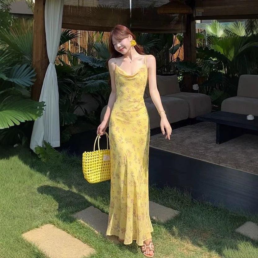French pure desire style yellow floral suspender dress women's summer new waist and thin temperament long skirt
