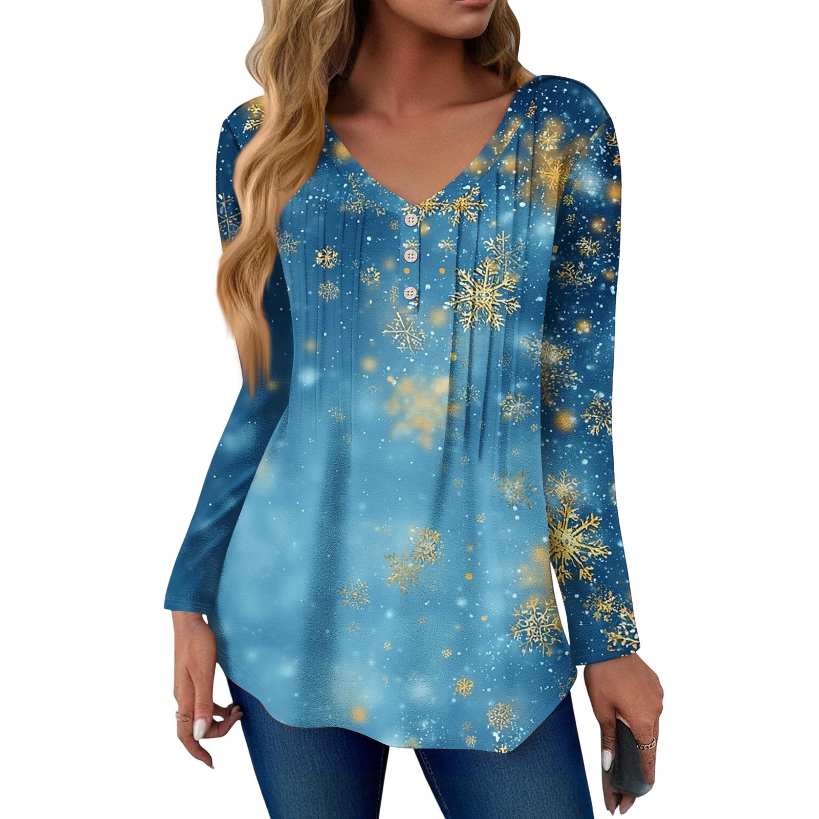 

Женская модная повседневная футболка с принтом рождественской елки, V-образным вырезом, декоративными пуговицами и длинными рукавами M