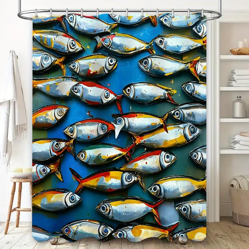 Modern Fish Pattern Print Shower Curtain Blue Background with Yellow Red Accents Decorative Bath Room Accessories for Home Size
