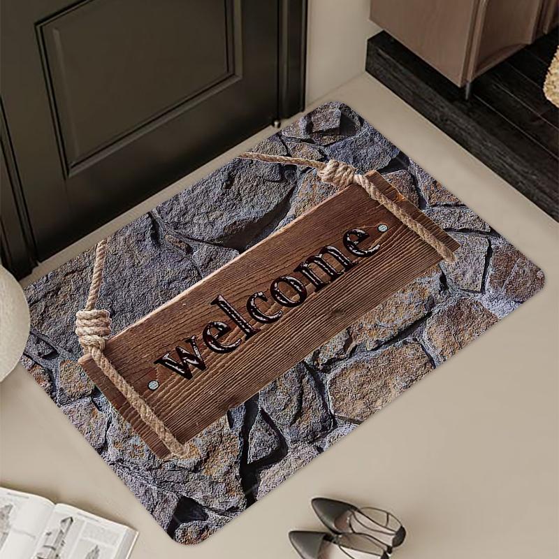 Stone and Letter Patterned Door Mat Velvet Rectangle Rug for Entrance Living Room Kitchen Bathroom Bedside Carpet Welcome Mat