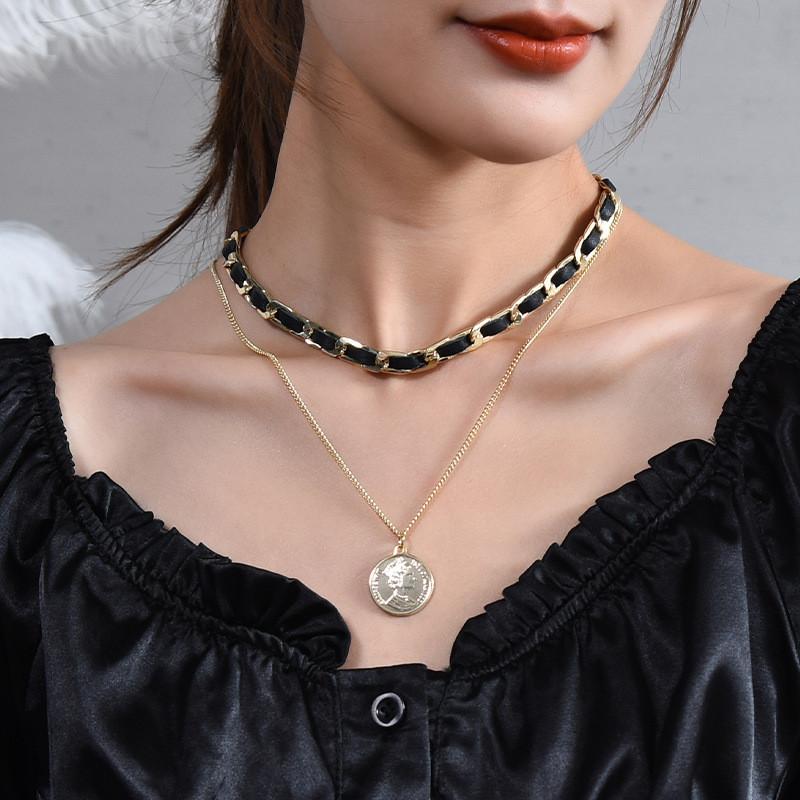 Stylish Double Layered Titanium Steel Black Woven Necklace For Women With Geometric Design