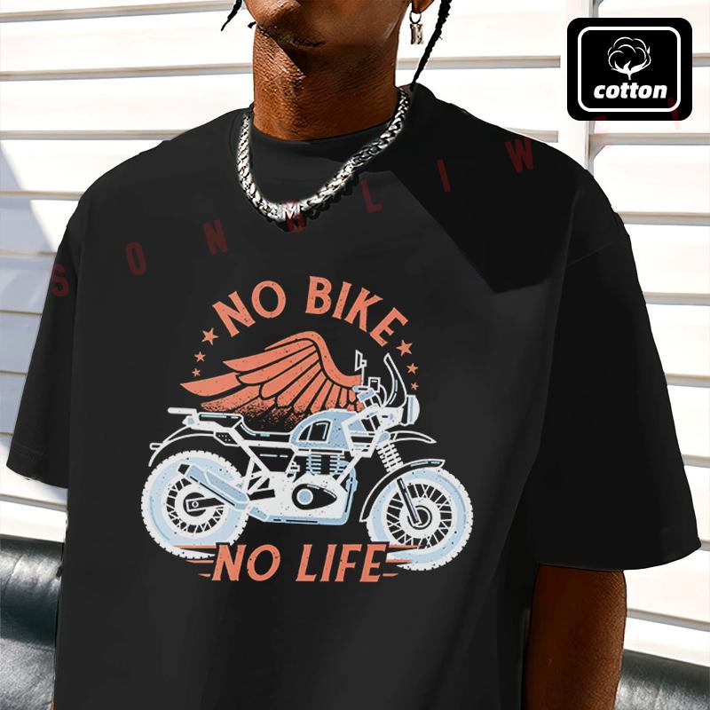 Men's Cotton T-Shirt No Bike No Life Design Motorcycle Tshirt Men's Casual Short Sleeve Tee