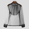 INCERUN Men Turtleneck Ruffled Layers Long Sleeve See Through Party Mesh Sheer Tops