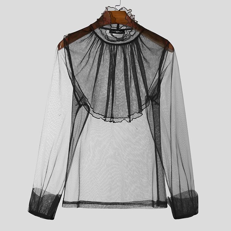 INCERUN Men Turtleneck Ruffled Layers Long Sleeve See Through Party Mesh Sheer Tops